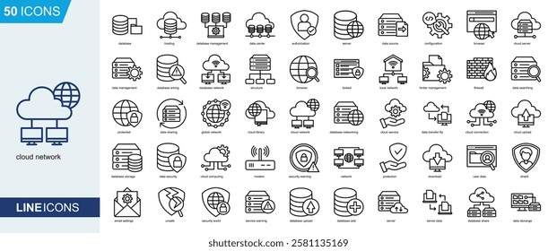 Cloud Network icon collection Line Style. database, hosting, database management, data center, data source, configuration, cloud server