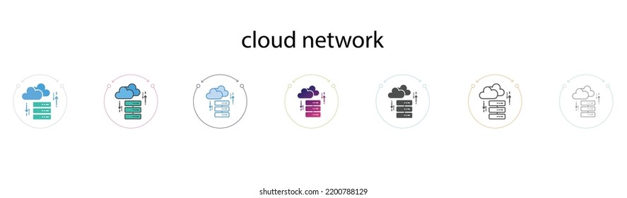 cloud network icon in filled, thin line, outline, gradient and stroke style. Vector illustration of four colored and black cloud network vector icons designs can be used for mobile, ui, web