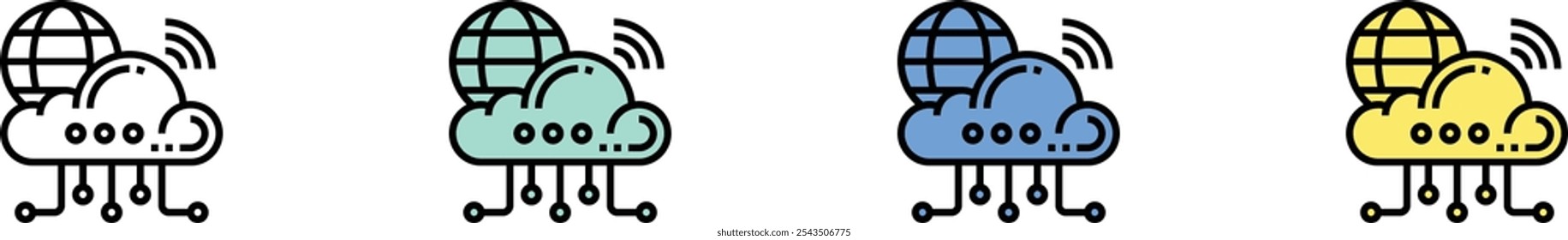 icono de red en la nube. Esquema, diseño de estilo verde, azul y amarillo aislado sobre fondo blanco