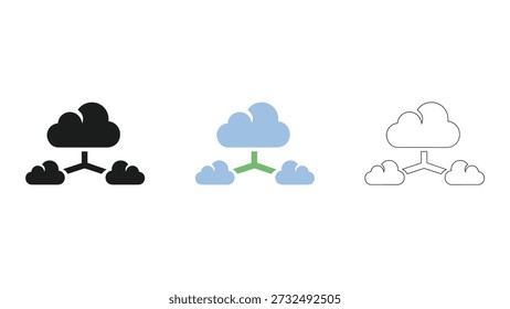 Icono de red en la nube que representa la infraestructura en línea y el intercambio de datos. El ícono presenta una Grande nube conectada a las Pequeñas nubes, que simboliza la conectividad en la nube y el intercambio de datos. Esta Imagen se puede utilizar para representar la computación en la nube, el almacenamiento de datos y la infraestructura en línea.