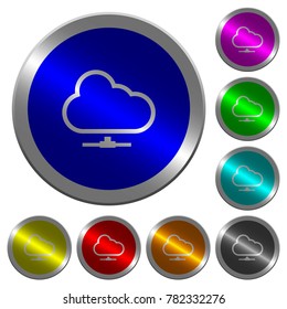 Cloud network icons on round luminous coin-like color steel buttons