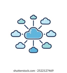 Cloud network illustration. Illustration of a central cloud connected to many other smaller clouds, representing a network or interconnected system.