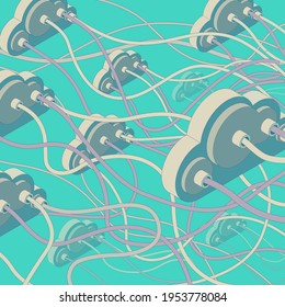 Cloud network with many connection cables, 3D illustration