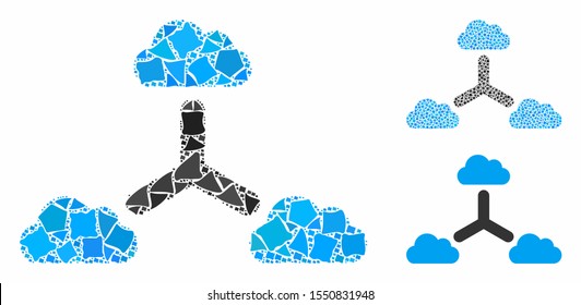 Cloud network mosaic of humpy items in various sizes and color hues, based on cloud network icon. Vector rugged items are united into collage. Cloud network icons collage with dotted pattern.