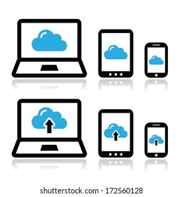Cloud network on laptop, tablet, smartphone icons set 