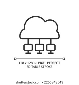 Cloud network pixel perfect linear icon. Central repository of digital data. Virtual computing system. Thin line illustration. Contour symbol. Vector outline drawing. Editable stroke