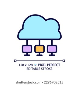 Cloud-Netzwerk Pixel perfekt RGB Farbsymbol. Zentrales Archiv digitaler Daten. Entwicklung virtueller Computersysteme. Einzige Vektorgrafik. Einfache, ausgefüllte Linienzeichnung. Bearbeitbarer Hub