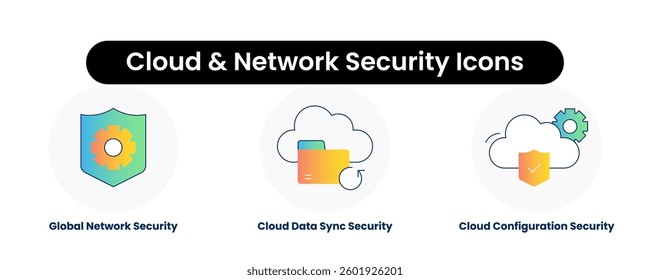 Cloud and Network Security Icons. Cloud Configuration Security, Cloud Data Sync Security, Global Network Security.
