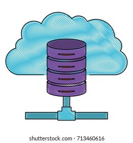 cloud and network server storage icon in color crayon silhouette vector illustration