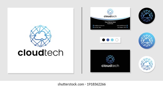 cloud with network technology logo and business card design template inspiration
