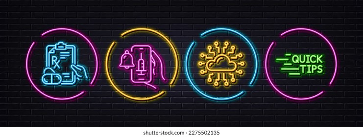 Cloud network, Vaccine announcement and Prescription drugs minimal line icons. Neon laser 3d lights. Education icons. For web, application, printing. Online storage, Vaccination bell, Pills. Vector