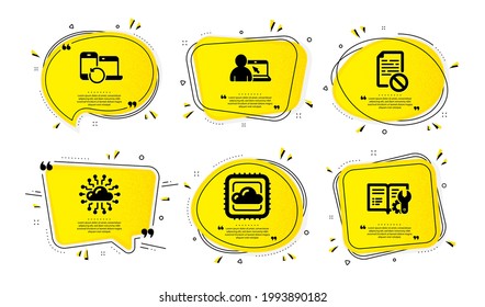 Cloud network, Wrong file and Cloud computing icons simple set. Yellow speech bubbles with dotwork effect. Online education, Recovery devices and Engineering documentation signs. Vector