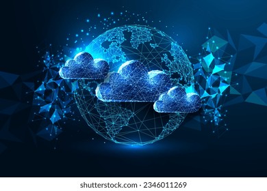 Cloud networking, cloud based technologies futuristic concept with Earth globe and clouds in glowing low polygonal style on dark blue background. Modern abstract connection design vector illustration.