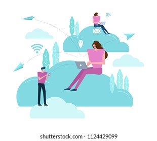 Cloud Networking . Business people working on a cloud.  Flat design element. vector illustration
