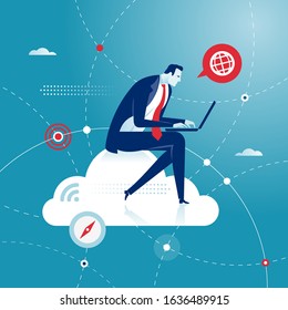 Cloud Networking. Businessman sits on a cloud with laptop on knees. Concept vector illustration.