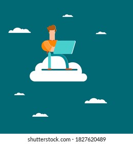 Cloud Networking. Businessman sits on a cloud with laptop on knees. Concept vector illustration