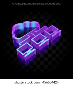 Cloud networking icon: 3d neon glowing Cloud Network made of glass with transparent shadow on black background, EPS 10 vector illustration.