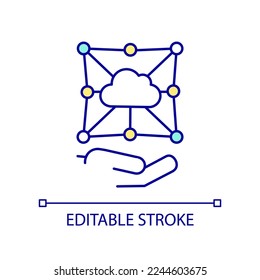 Cloud networking RGB color icon. Access via Internet. Centralized server resource. Cloud computing. Isolated vector illustration. Simple filled line drawing. Editable stroke. Arial font used