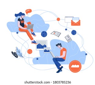 Cloud Networking And Social Media Communication Concept With People Working On Laptop. Connectivity, Cloud Storage And Worldwide Information Sharing Technology. Cartoon Vector Illustration.