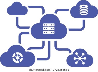 Diagrama del sistema de redes en la nube que muestra el intercambio de datos entre el servidor de la nube central y varios íconos periféricos Ilustración vectorial
