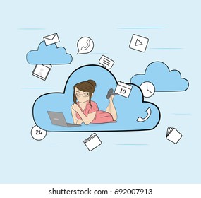 Cloud Networking. woman sits on a cloud with laptop on his knees. Concept vector illustration.