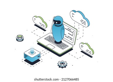 Cloud neural network. Modern technologies and network. Internet and online services. Artificial intelligence, laptop and digital assistant, cloud storage, coding. Cartoon flat vector illustration