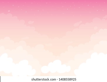 Cloud night sky and stars on pink background, cloudy sky vector illustration 