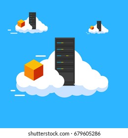 Cloud node Data Center Infrastructure for database server, file server, web server. illustration cloud with rack server with blue background and node box