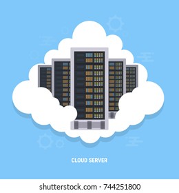 Nodo de nube Infraestructura de centros de datos para servidor de bases de datos, servidor de archivos, servidor web. nube de ilustración con servidor en rack con fondo azul y cuadro de nodo