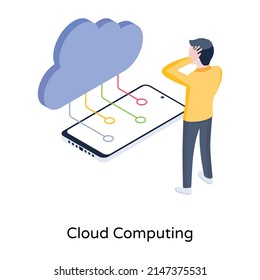 Cloud nodes network attached with phone, isometric icon of cloud computing

