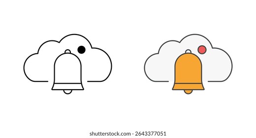 Ícone do sistema de notificações em nuvem com uma campainha, ponto de alerta e nuvem, em estilos de estrutura de tópicos e cores, ideal para ilustrar alertas SaaS, notificações do usuário e atualizações do sistema em plataformas em nuvem.