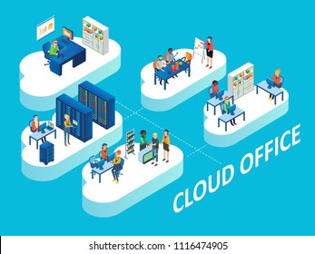 Cloud office concept. Vector isometric illustration of office rooms with personnel on clouds linked by connecting lines.