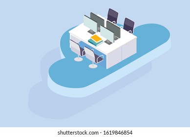 Cloud office concept. Vector isometric illustration of office room with desks and computers.