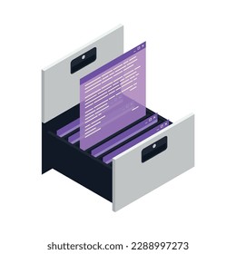 Icono isométrico de almacenamiento de datos de oficina en la nube con documentos en la ilustración vectorial 3d del cajón