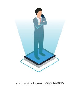 Cloud office glow isometric icon with male human character 3d vector illustration