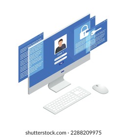 Cloud office secure data storage isometric icon with person account on computer monitor 3d vector illustration