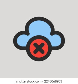 Icono de desconexión de nube con estilo de línea relleno sobre la interfaz de usuario, uso para presentación de aplicaciones móviles de sitio web