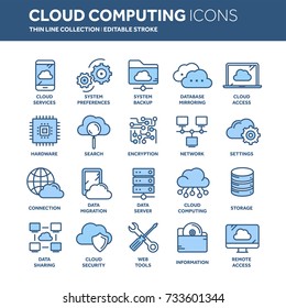 Cloud Omputing. Internet Technology. Online Services. Data, Information Security. Connection. Thin Line Blue Web Icon Set. Outline Icons Collection.Vector Illustration.