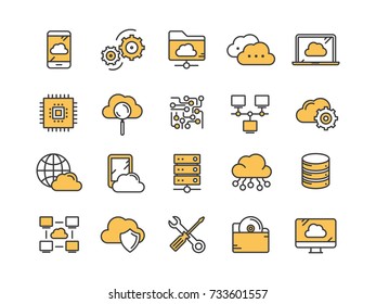 Cloud omputing. Internet technology. Online services. Data, information security. Connection. Thin line yellow web icon set. Outline icons collection.Vector illustration.