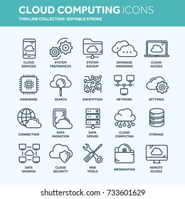 Cloud Omputing. Internet Technology. Online Services. Data, Information Security. Connection. Thin Line Web Icon Set. Outline Icons Collection.Vector Illustration.