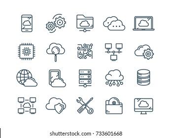 Cloud Omputing. Internet Technology. Online Services. Data, Information Security. Connection. Thin Line Web Icon Set. Outline Icons Collection.Vector Illustration.