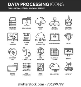 Cloud Omputing. Internet Technology. Online Services. Data Processing, Information Security. Connection. Thin Line Web Icon Set. Outline Icons Collection.Vector Illustration.