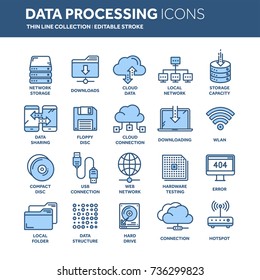 Cloud omputing. Internet technology. Online services. Data processing, information security. Connection. Thin line web icon set. Outline icons collection.Vector illustration.