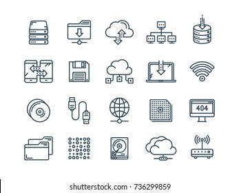 Cloud omputing. Internet technology. Online services. Data processing, information security. Connection. Thin line web icon set. Outline icons collection.Vector illustration.