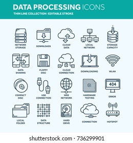 Cloud Omputing. Internet Technology. Online Services. Data Processing, Information Security. Connection. Thin Line Web Icon Set. Outline Icons Collection.Vector Illustration.