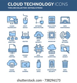 Cloud Omputing. Internet Technology. Online Services. Data, Information Security. Connection. Thin Line Blue Web Icon Set. Outline Icons Collection.Vector Illustration.