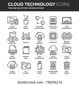 Cloud omputing. Internet technology. Online services. Data, information security. Connection. Thin line black web icon set. Outline icons collection.Vector illustration.