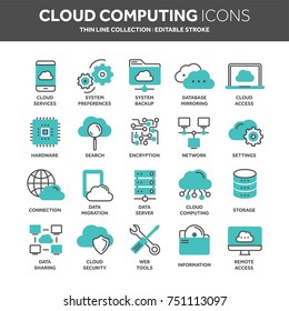 Cloud omputing. Internet technology. Online services. Data, information security. Connection. Thin line blue web icon set. Outline icons collection.Vector illustration.