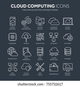 Cloud omputing. Internet technology. Online services. Data, information security. Connection. Thin line blue web icon set. Outline icons collection.Vector illustration.