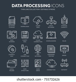 Cloud omputing. Internet technology. Online services. Data processing, information security. Connection. Thin line web icon set. Outline icons collection.Vector illustration.